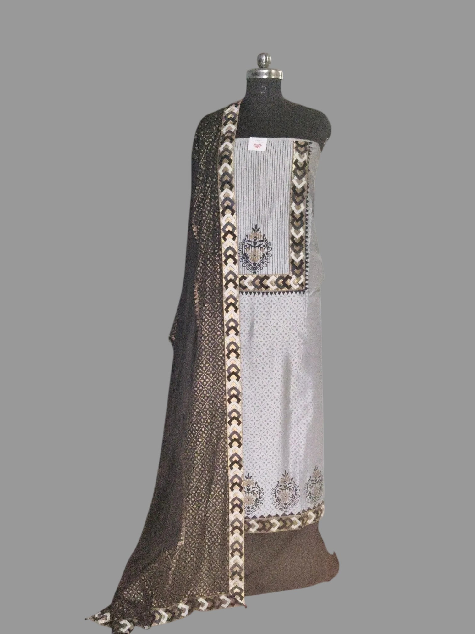 Grey and black cotton silk unstitched suit set with silk dupatta – front drape view