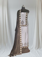 Grey black handloom cotton silk suit set with silk dupatta – editorial portrait