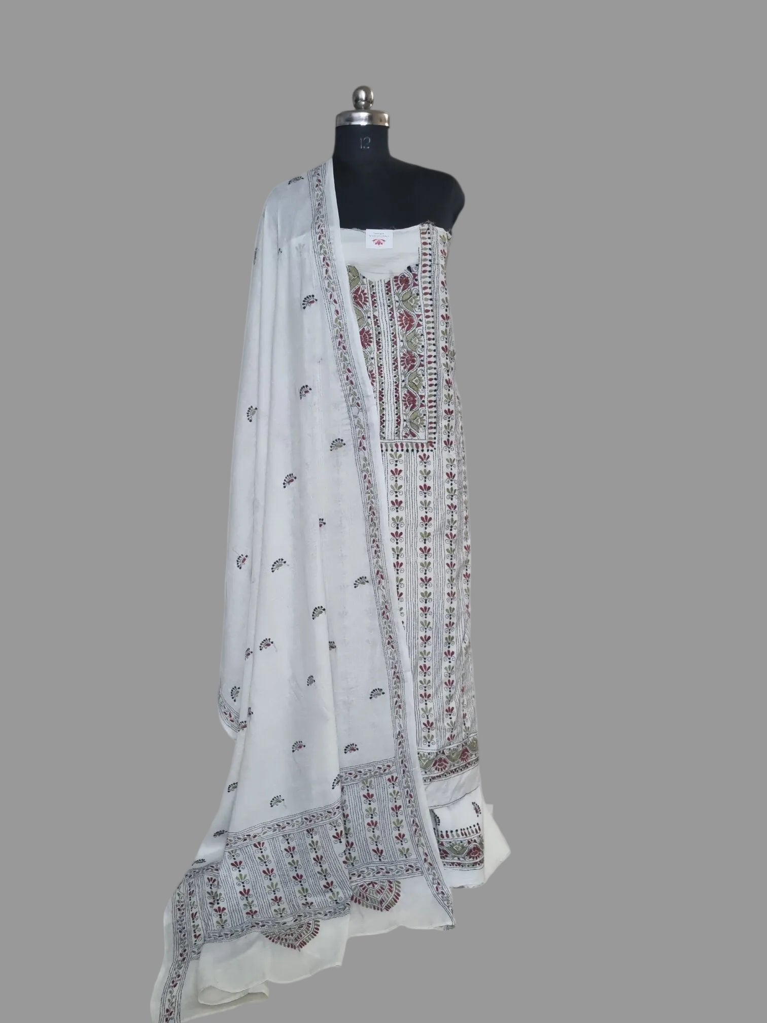 Cream & Multicolour Hand-Embroidered Kantha Work 3-Piece Unstitched Suit Set | Cotton | Indian Handloom | SKU 1114