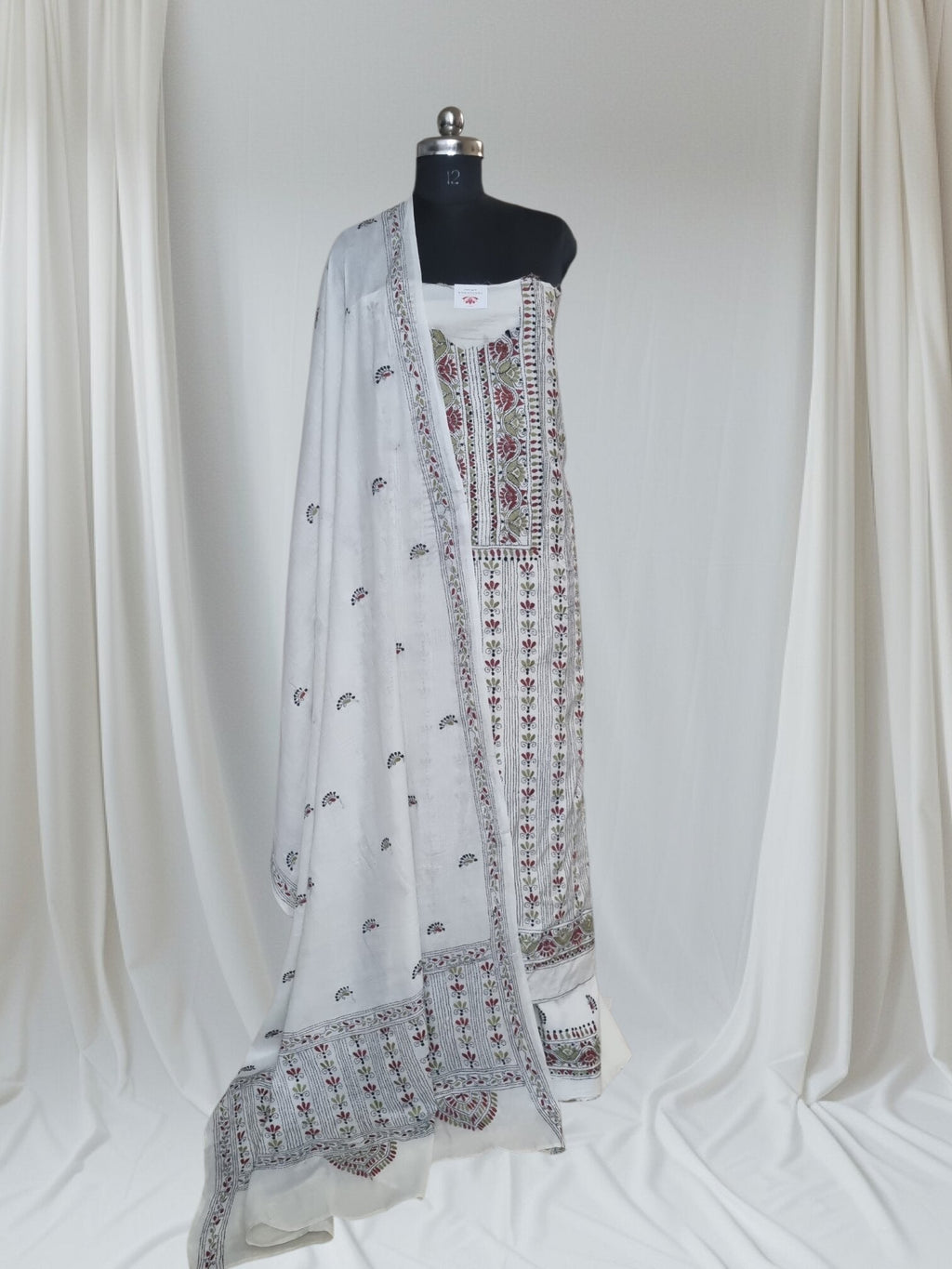Cream Cotton Kantha Work 3-Piece Unstitched Suit Set | Festive & Ethnic Wear | Tantuvanacrafts SKU 1114