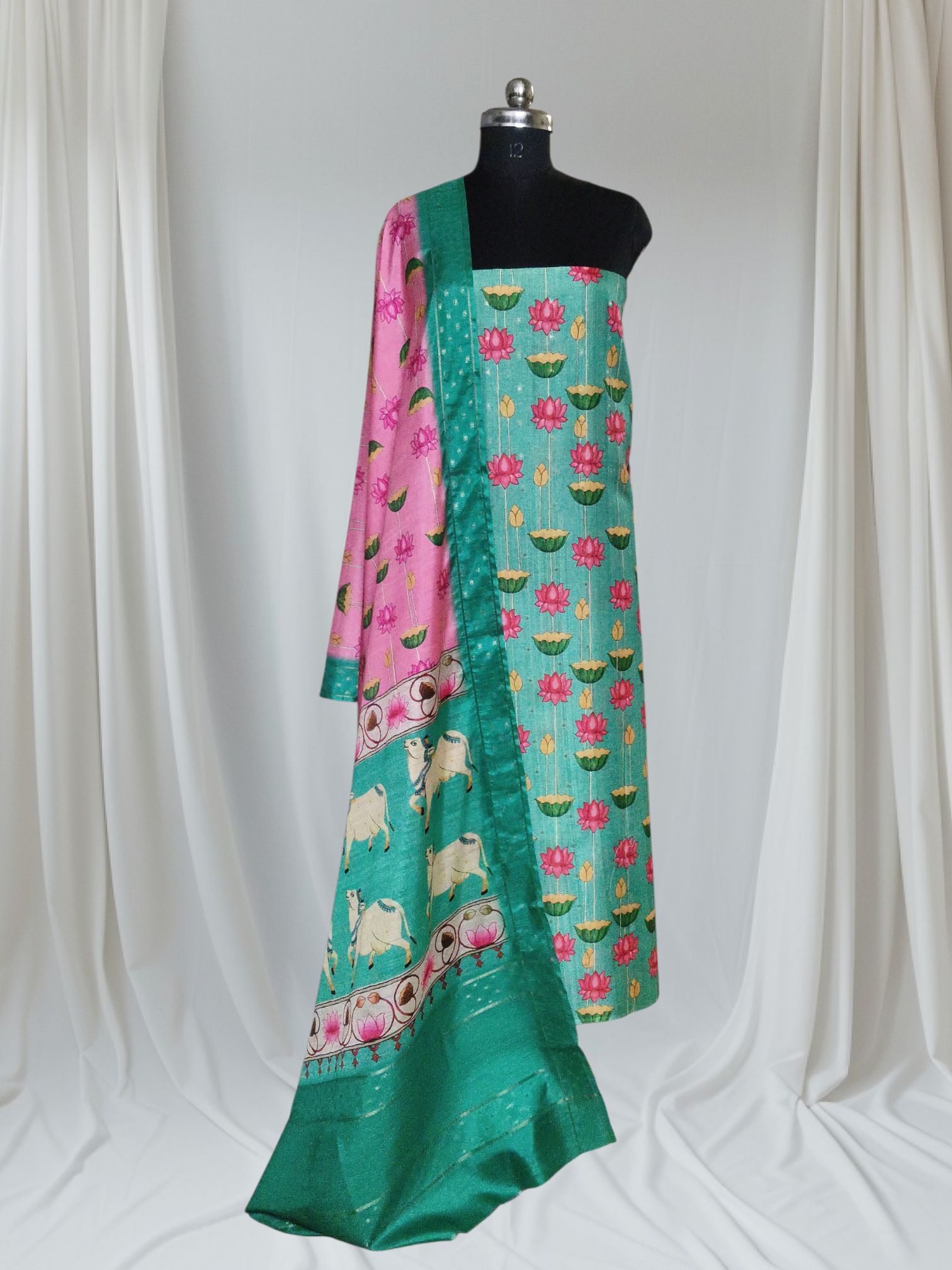 Pichwai Print Banarasi Semi Tussar Unstitched Suit | Peacock Blue-Green & Pink | Indian Handloom | Office & Festive Wear