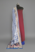 Maroon Glaze Cotton & Royal Blue Dola Silk 3-Piece Unstitched Suit Set - Tantuvanacrafts SKU 1237