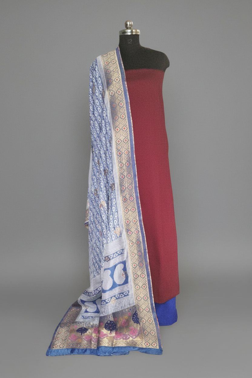 Maroon Glaze Cotton & Royal Blue Dola Silk 3-Piece Unstitched Suit Set - Tantuvanacrafts SKU 1237