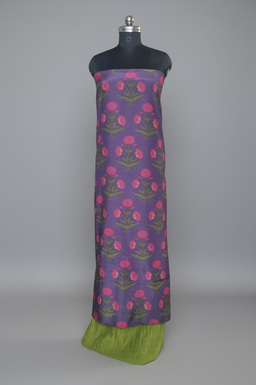 Malai Chanderi Silk 2-Piece Unstitched Co-ord Set | Purple & Green | Indian Handloom | SKU 1169