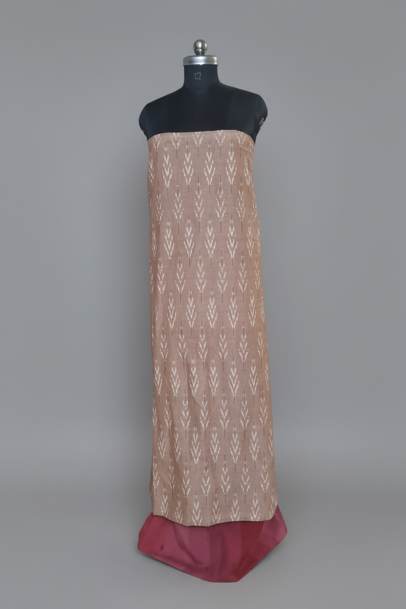 Ikat handloom 2-piece unstitched co-ord set in brown and pink-red – front look