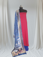 Fuchsia Pink & Royal Blue unstitched salwar kameez set with Brocade dupatta — Indian handloom ethnic wear SKU 1238