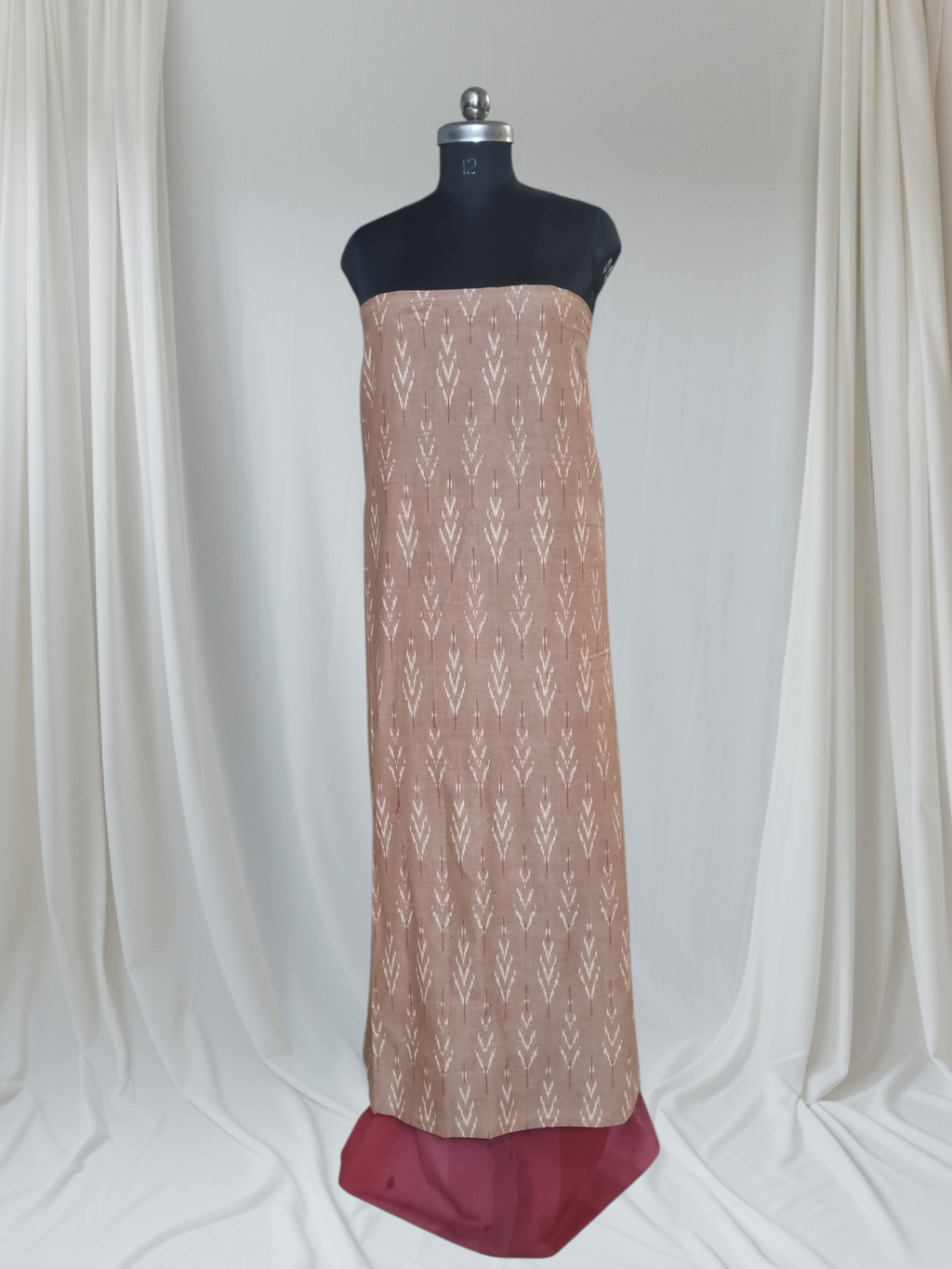 Indian handloom ikat co-ord set – editorial portrait shot, brown and pink-red