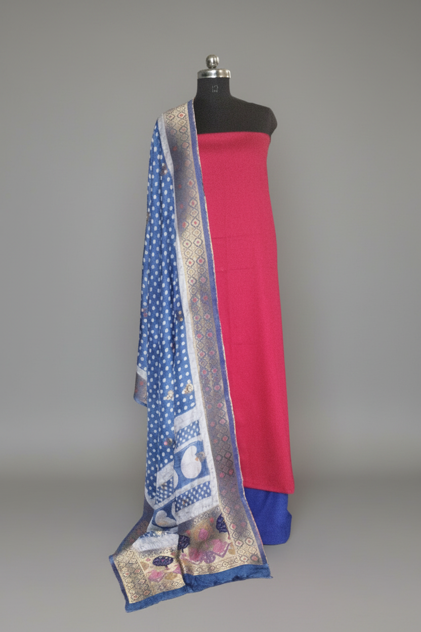 Exquisite 3-piece festive unstitched suit set in Fuchsia Pink & Royal Blue Dola Silk — Indian handloom dress material SKU 1238