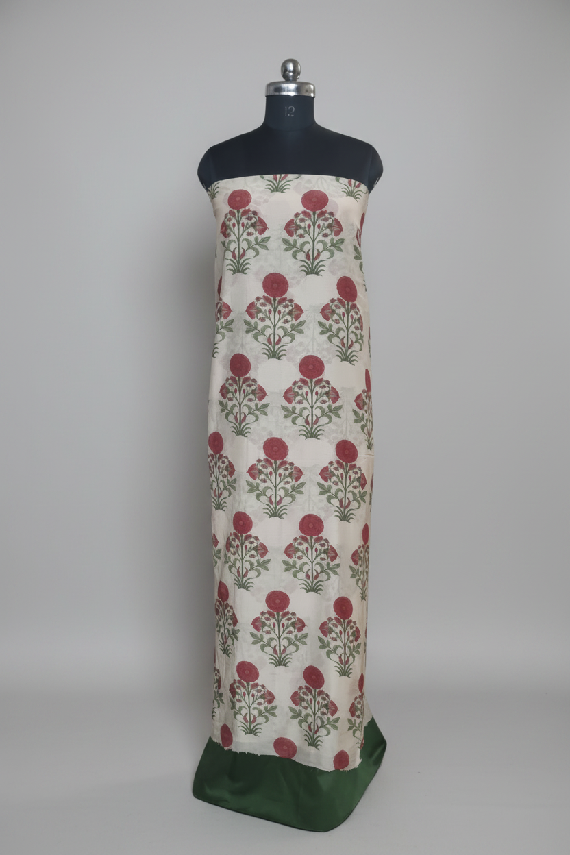 Malai Chanderi Silk 2-Piece Unstitched Co-ord Set | Cream & Green | Indian Handloom