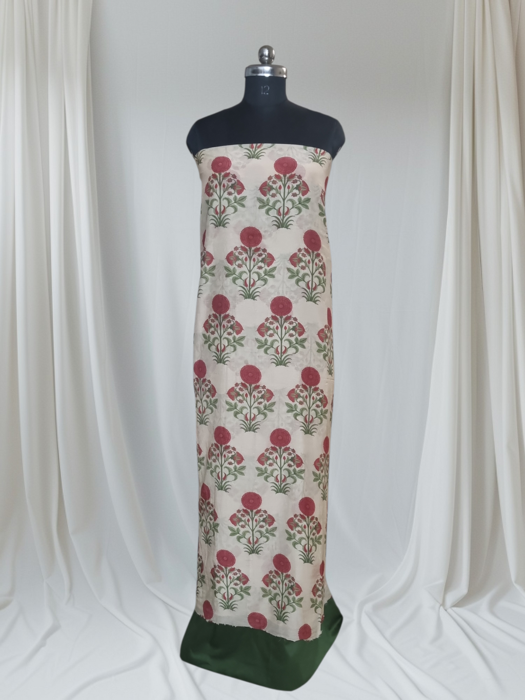 Malai Chanderi Silk Unstitched Co-ord Set | Cream & Green | Indian Handloom | Office & Festive Wear