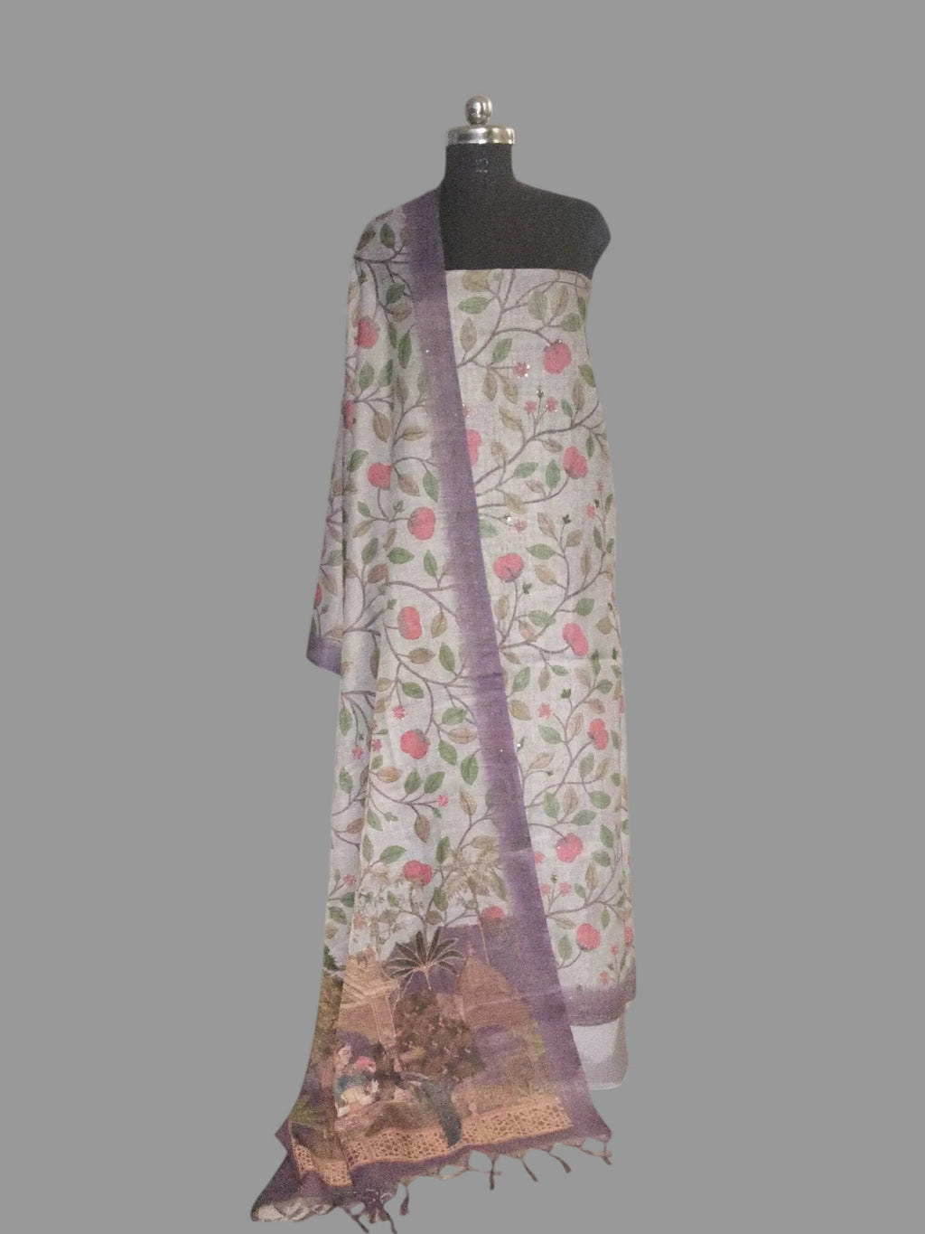 Grey gold printed jute linen unstitched suit set with Mughal print dupatta – front portrait