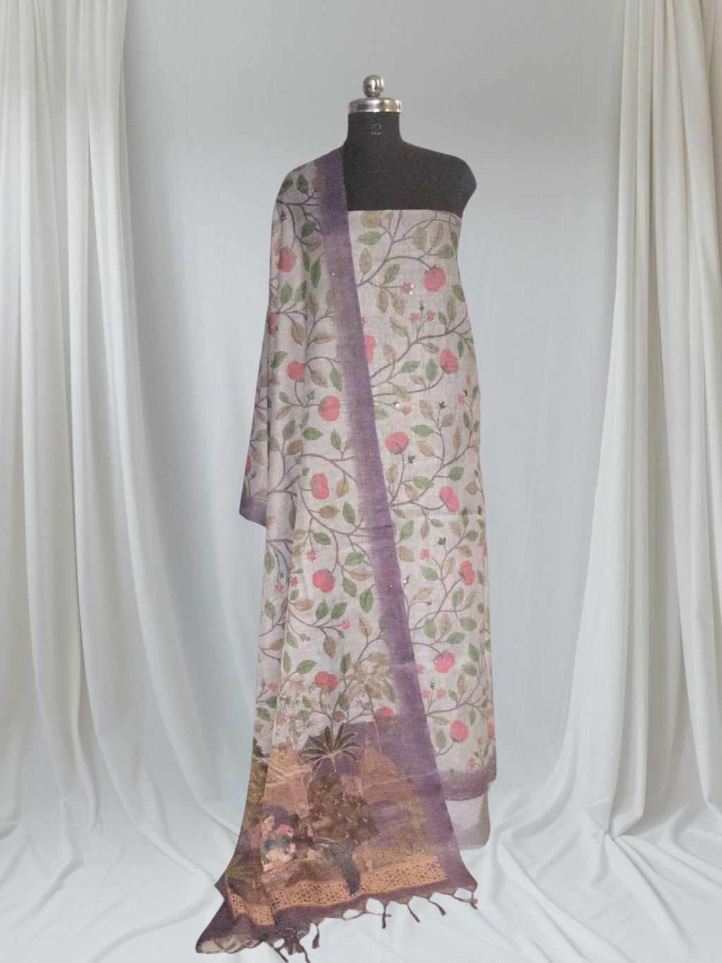 Grey gold Indian handloom jute linen 3-piece suit set – styled portrait