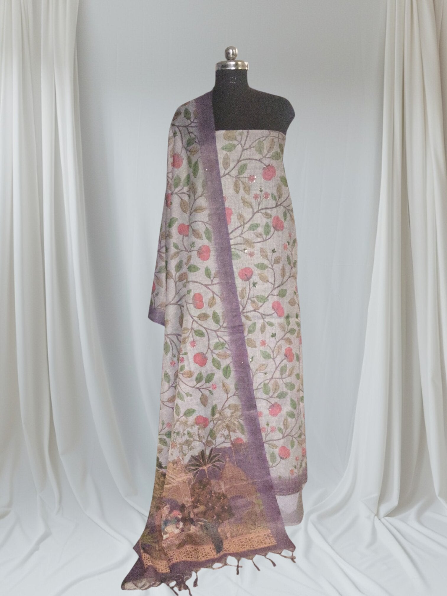 Grey gold Indian handloom jute linen 3-piece suit set – styled portrait