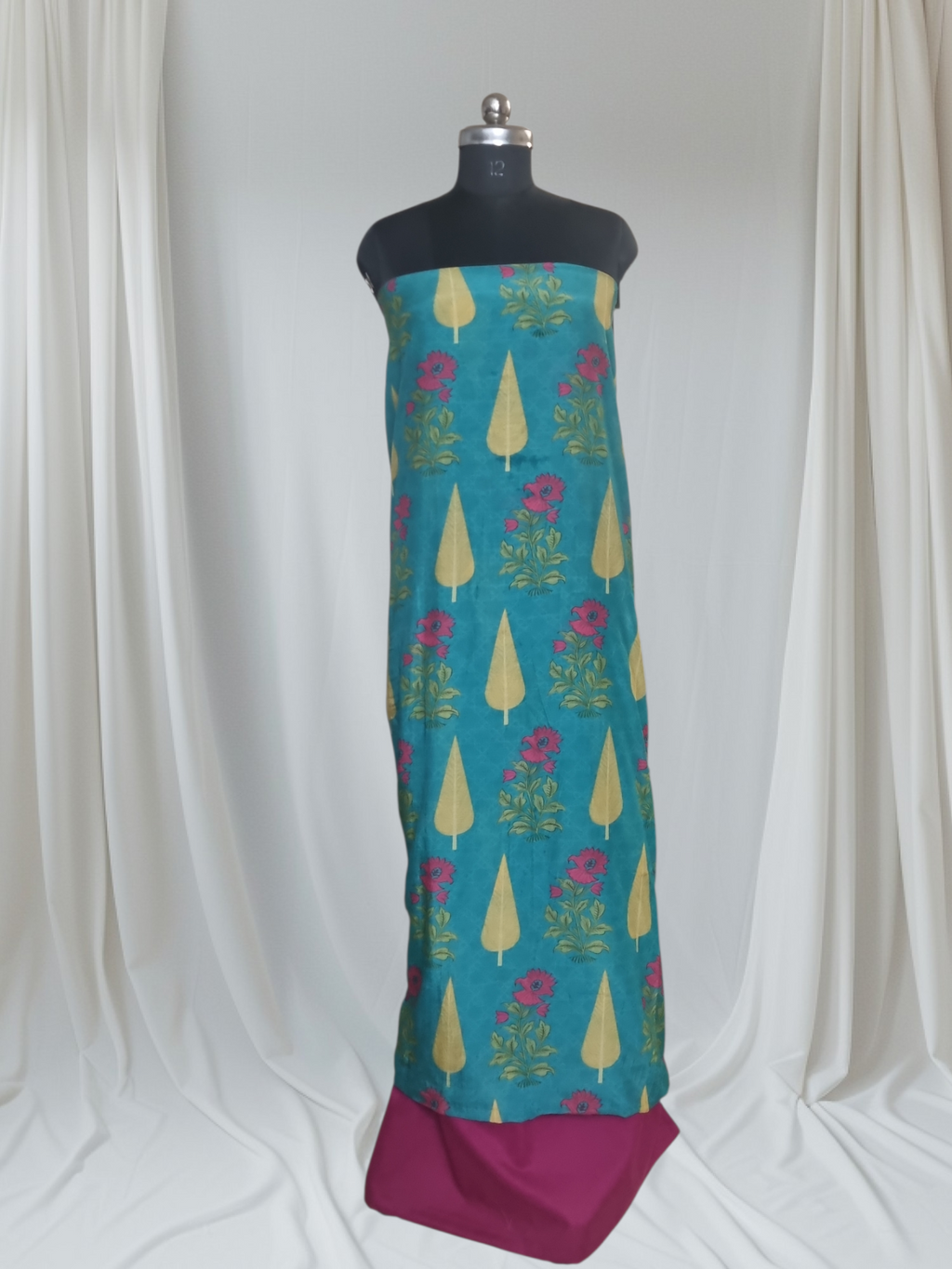 Malai Chanderi Silk Unstitched Co-ord Set | Peacock Blue & Pink | Office & Festive Wear | SKU 1182-A
