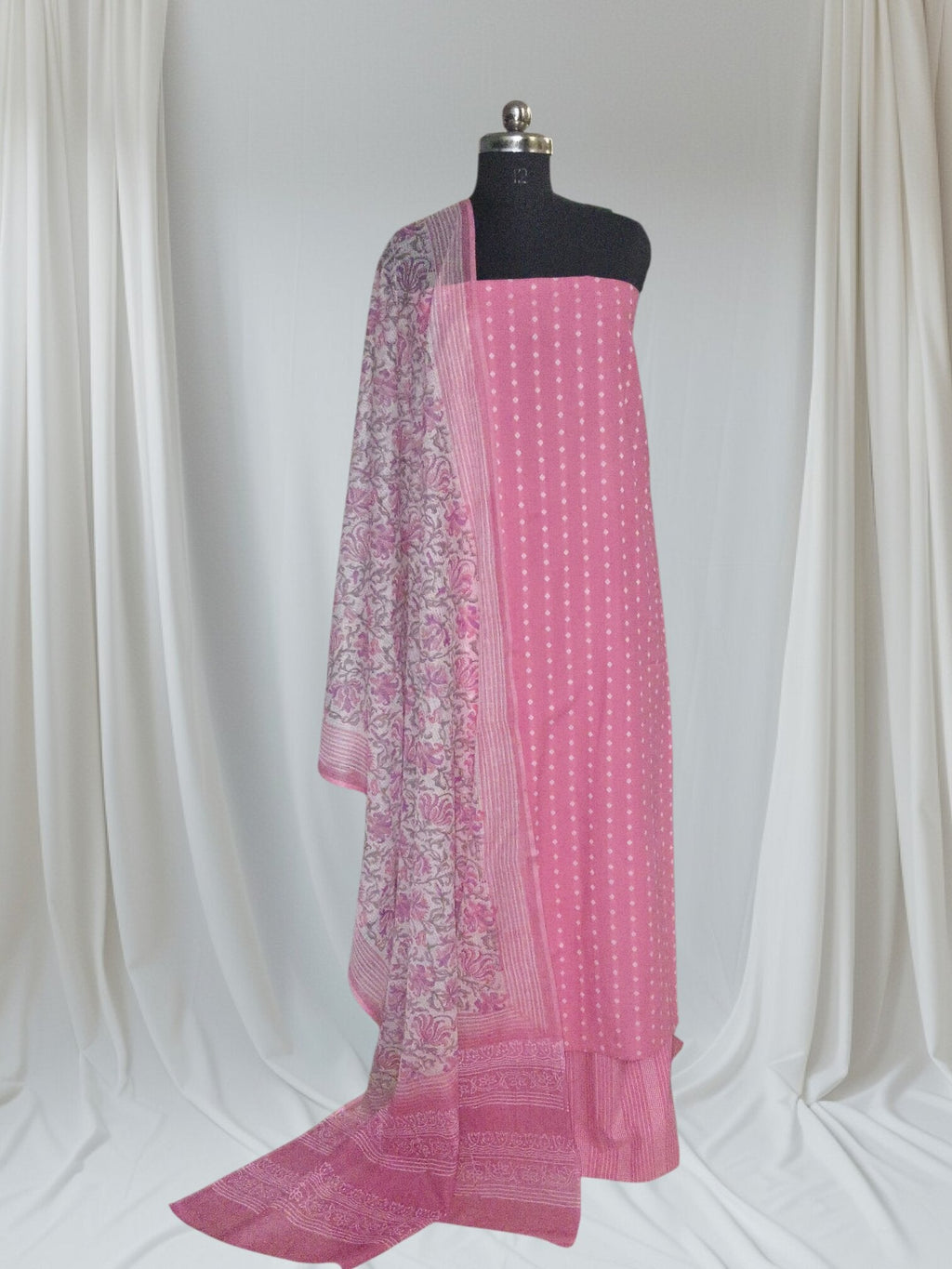 Handloom cotton suit set with Kota Doria dupatta in pink and white – editorial portrait