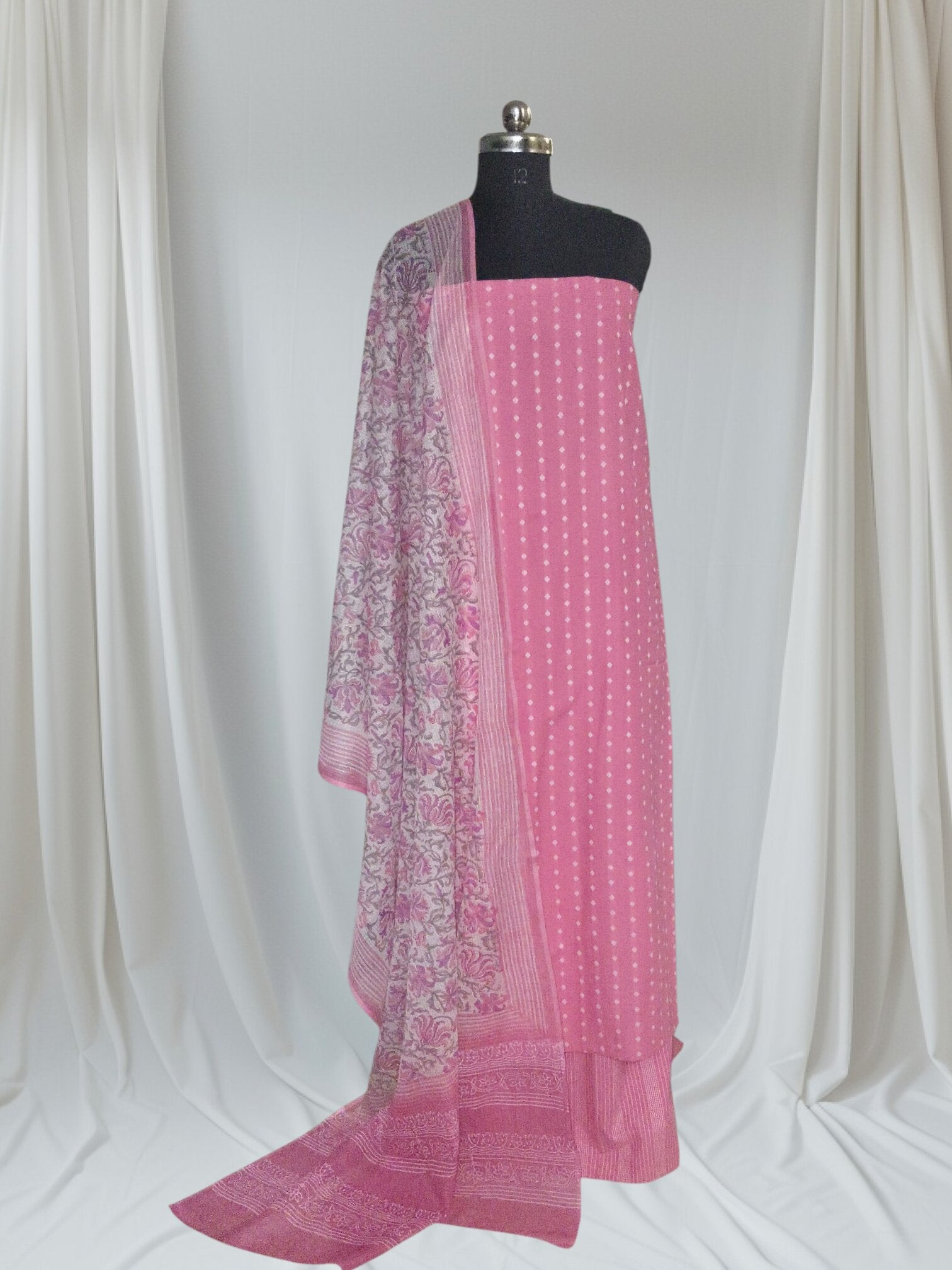 Handloom cotton suit set with Kota Doria dupatta in pink and white – editorial portrait