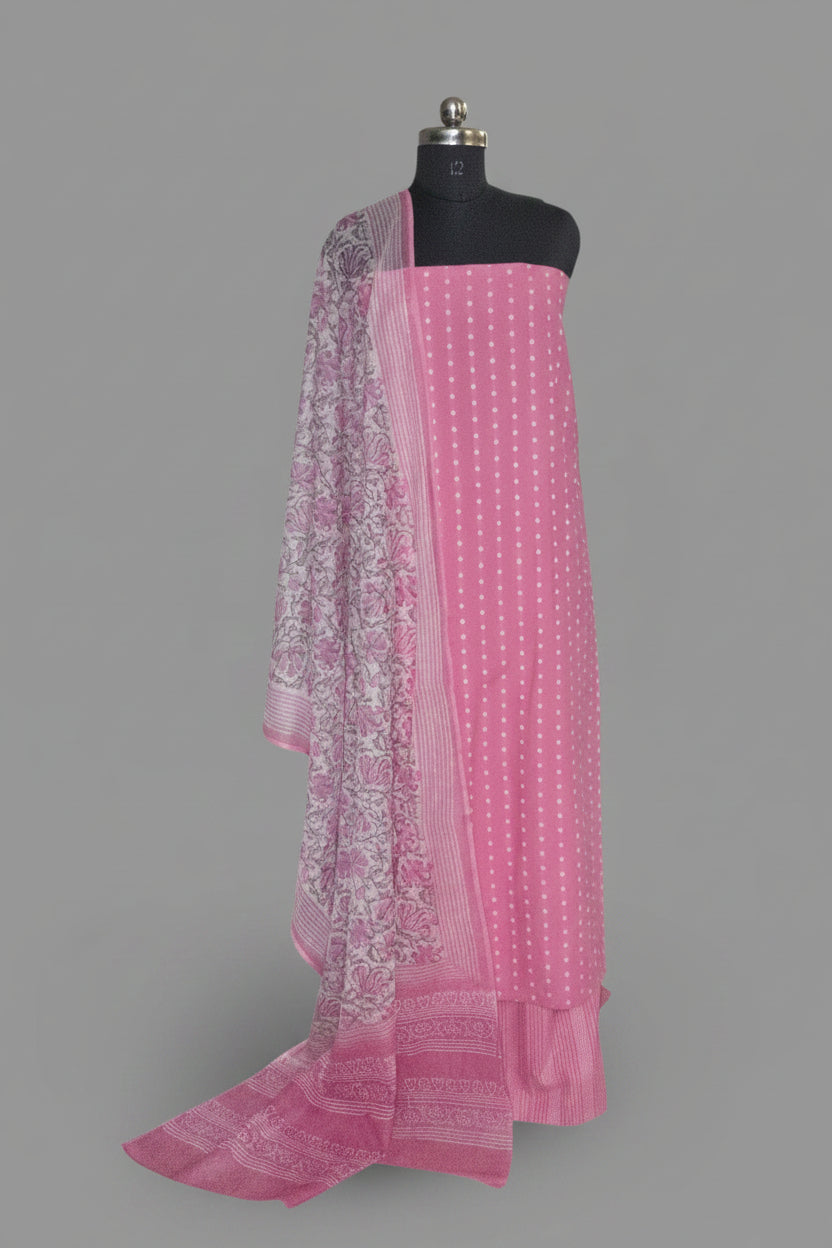 Handloom cotton 3-piece unstitched suit with Kota Doria dupatta in pink and white – portrait view