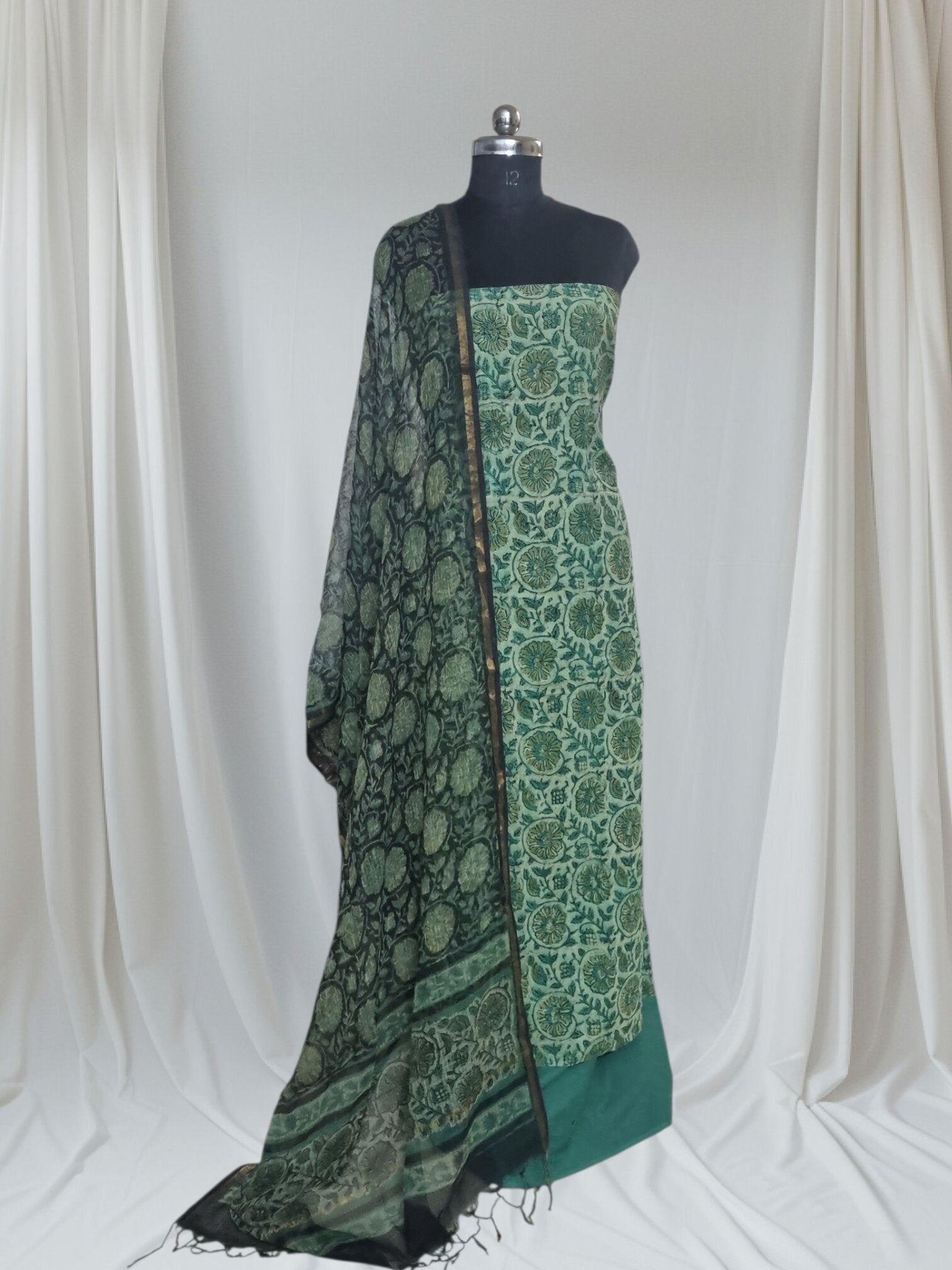 Green Vanaspati block print cotton suit with Kota Doria dupatta – editorial portrait