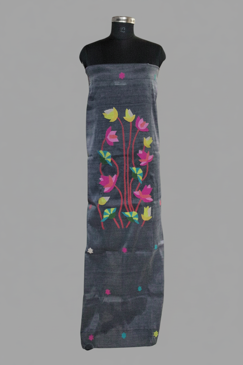 Charcoal Jamdani unstitched kurta and dupatta set – multicolor star and floral pattern, hand-loomed in West Bengal