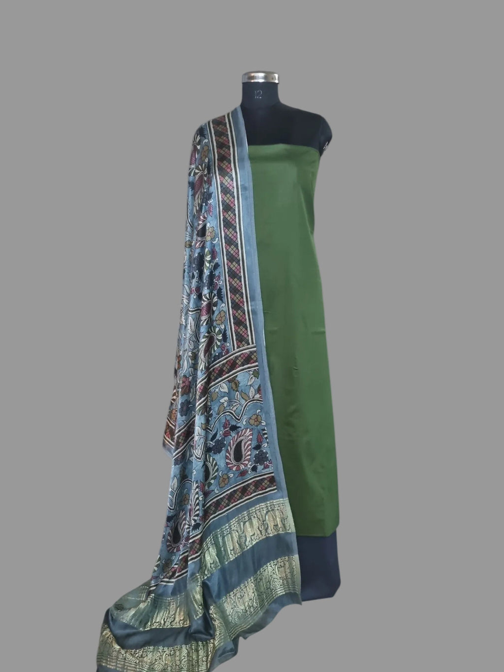 Forest green and beige-gold cotton silk unstitched suit set with Gajji Silk Kalamkari print dupatta – front view