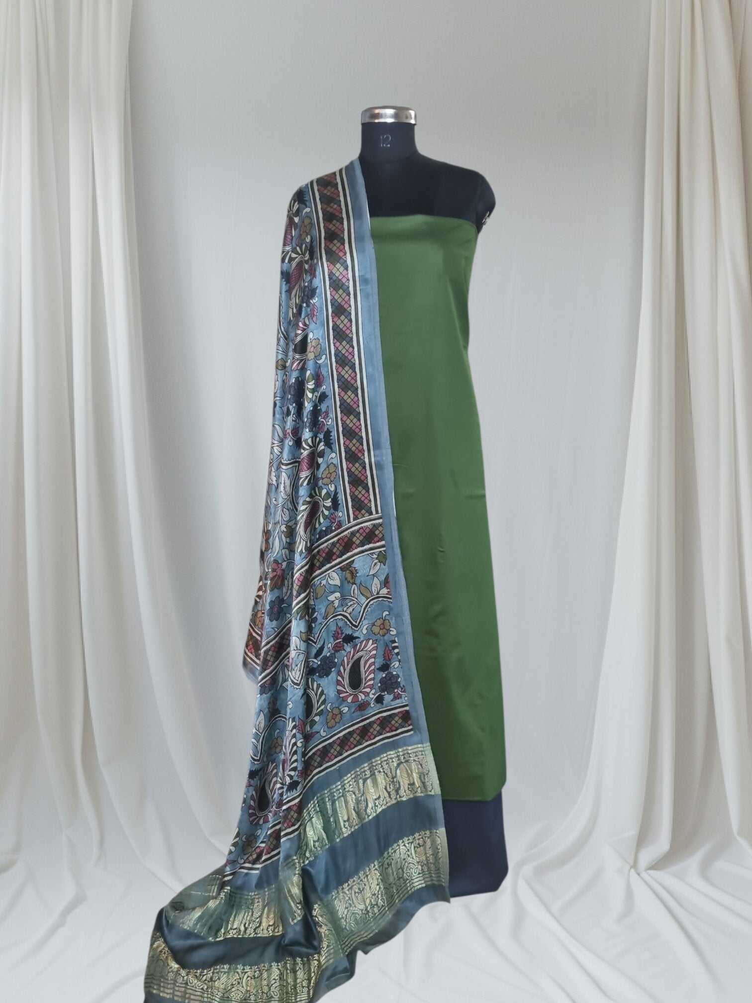 Forest green cotton silk unstitched suit set with Kalamkari Gajji Silk dupatta – full length view