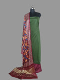 Green and maroon cotton silk unstitched suit set with Gajji Silk Kalamkari print dupatta – front view