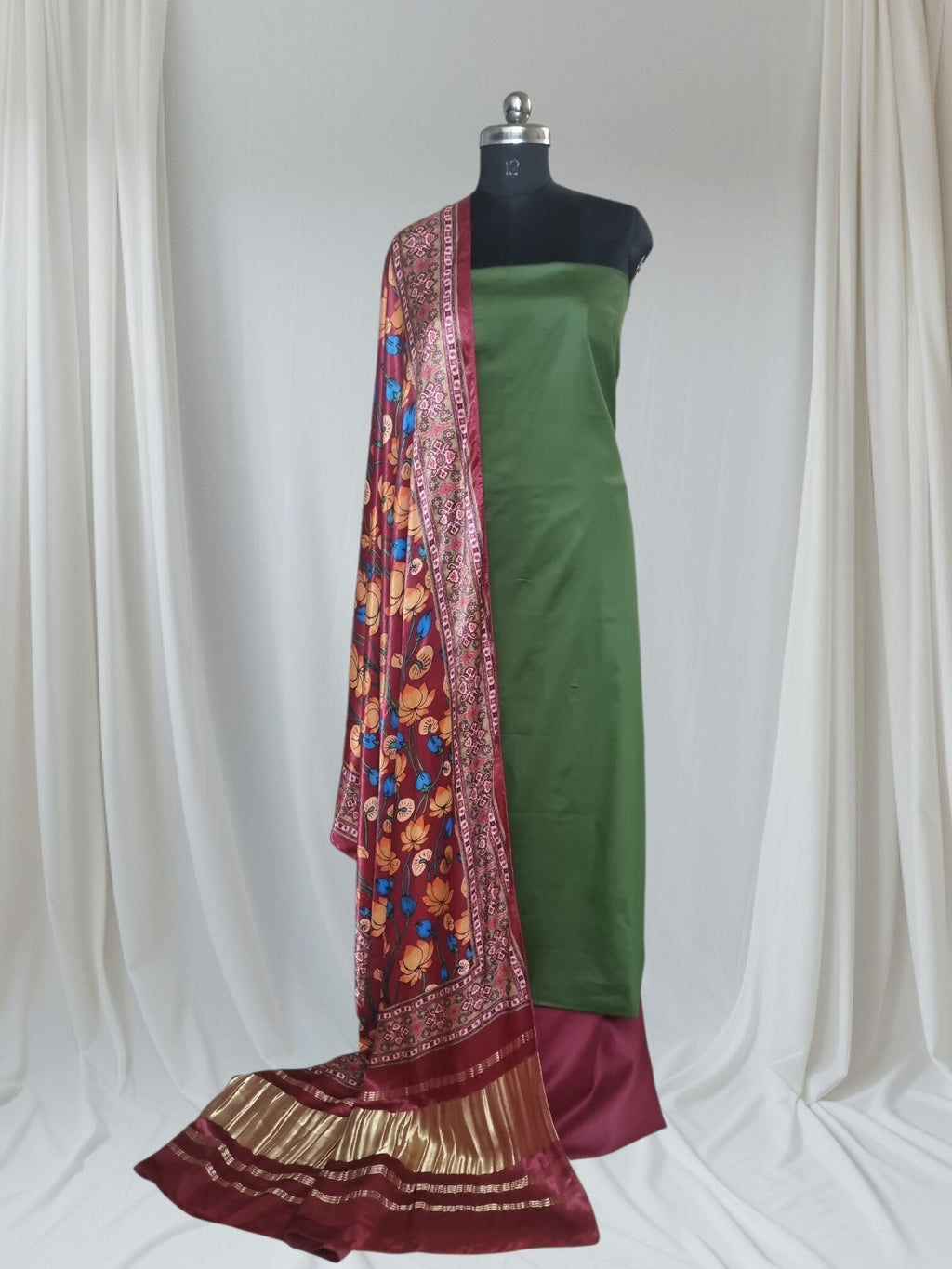Green maroon cotton silk unstitched suit set with Kalamkari print dupatta – styled look