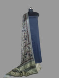 Charcoal grey and beige-gold cotton silk unstitched suit set with Gajji Silk Kalamkari print dupatta – front view