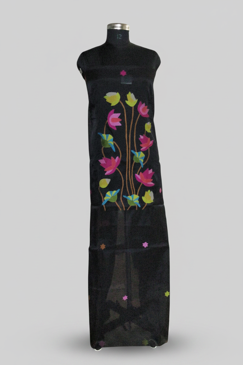 Midnight black Bengal Muslin Jamdani kurta and dupatta set – multicolor star pattern, hand-loomed in West Bengal