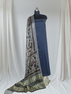 Charcoal grey beige-gold cotton silk unstitched suit set with Kalamkari Gajji Silk dupatta – editorial look