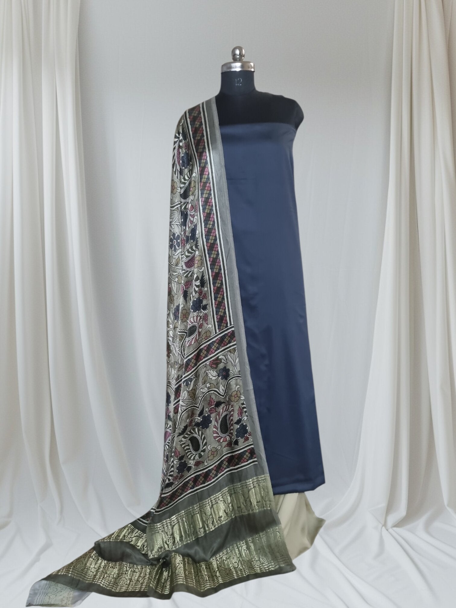 Charcoal grey beige-gold cotton silk unstitched suit set with Kalamkari Gajji Silk dupatta – editorial look
