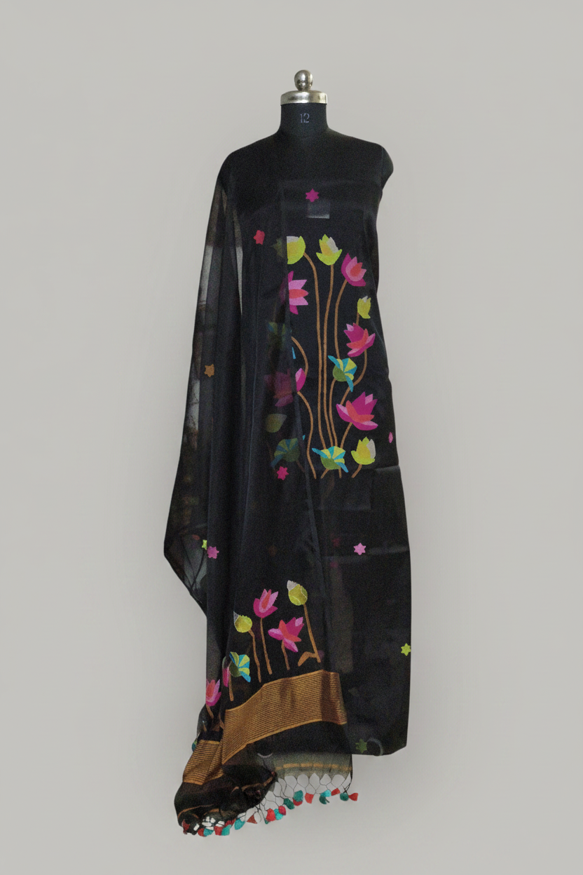 Handwoven Bengal Jamdani suit fabric in midnight black with multicolor star motifs – 2-pc unstitched set, styled portrait
