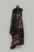 Handwoven Bengal Jamdani suit fabric in midnight black with multicolor star motifs – 2-pc unstitched set, styled portrait
