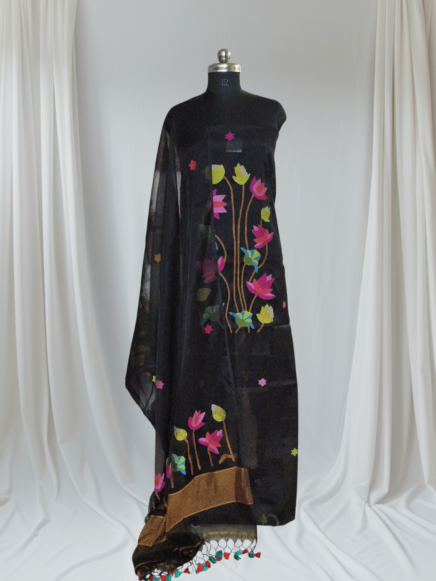 Handwoven Jamdani black star suit fabric – 2-pc unstitched Indian ethnic wear, editorial portrait view