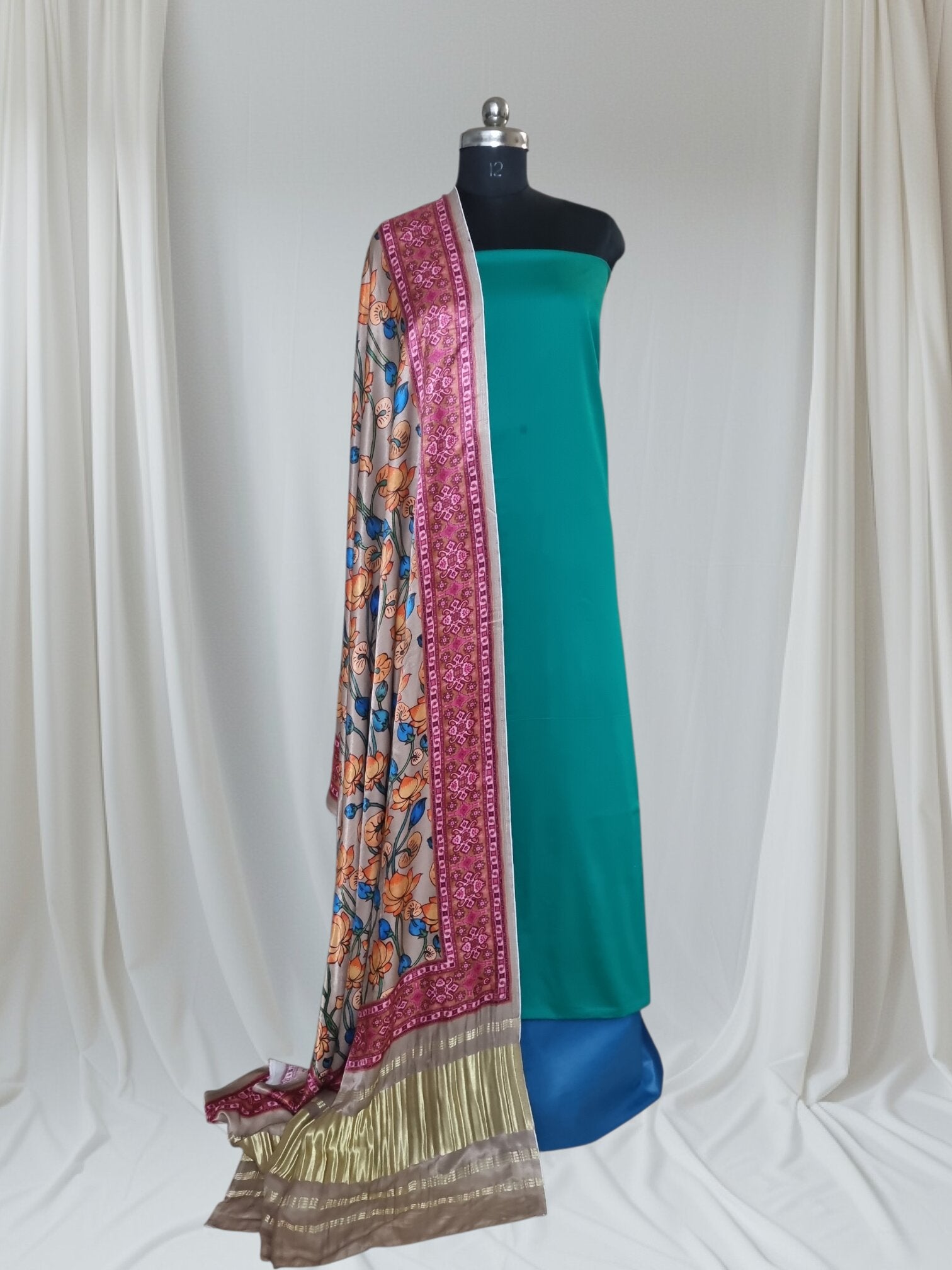 Peacock green turquoise cotton silk unstitched suit set with Kalamkari Gajji Silk dupatta – styled look