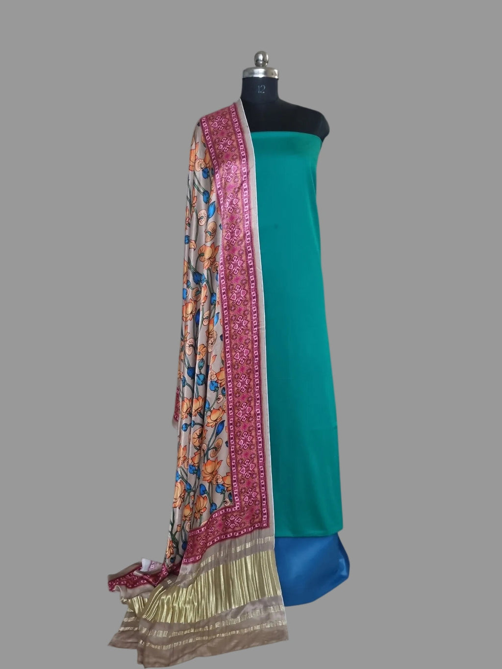 Peacock green and turquoise cotton silk unstitched suit set with Gajji Silk Kalamkari print dupatta – front view