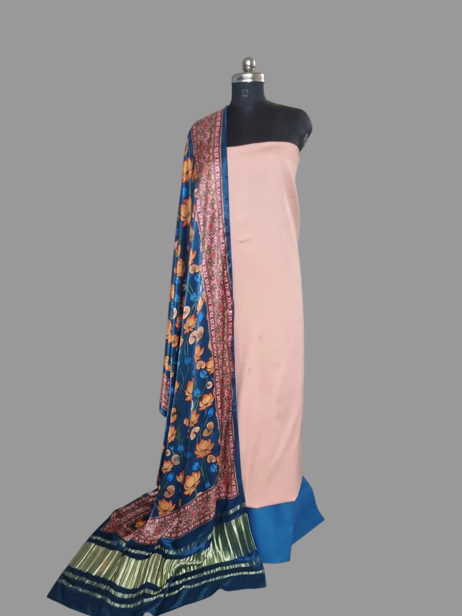 Handloom cotton silk suit set with Kalamkari dupatta in peach and turquoise – drape detail