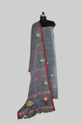 Handwoven Bengal Jamdani suit fabric in grey with multicolor polka dots – 2-piece unstitched set, front drape view