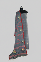 Handwoven Bengal Jamdani suit fabric in grey with multicolor polka dots – 2-piece unstitched set, front drape view