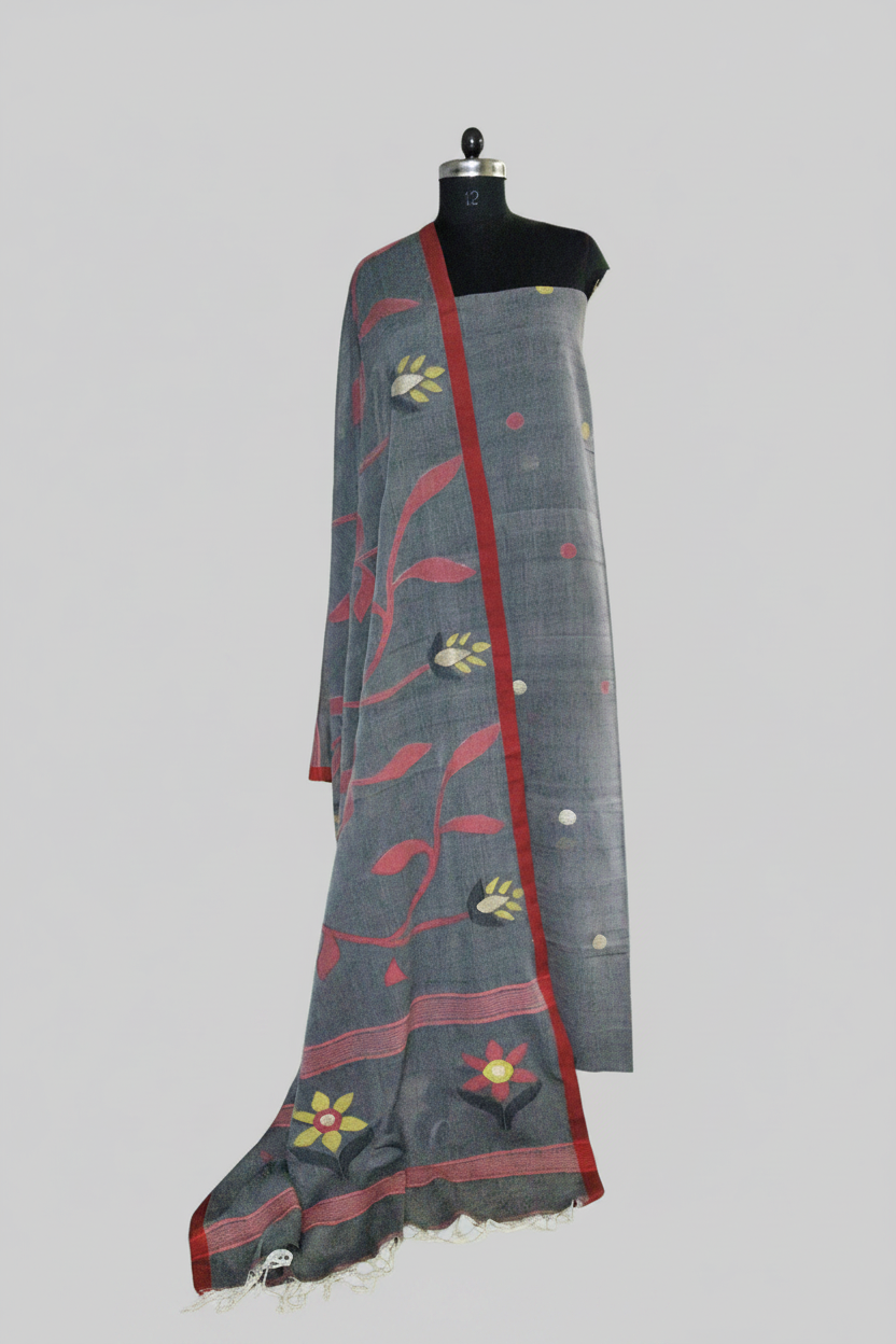 Handwoven Bengal Jamdani suit fabric in grey with multicolor polka dots – 2-piece unstitched set, front drape view