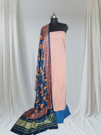 Gajji Silk Kalamkari print dupatta with peach cotton silk unstitched suit – styled look