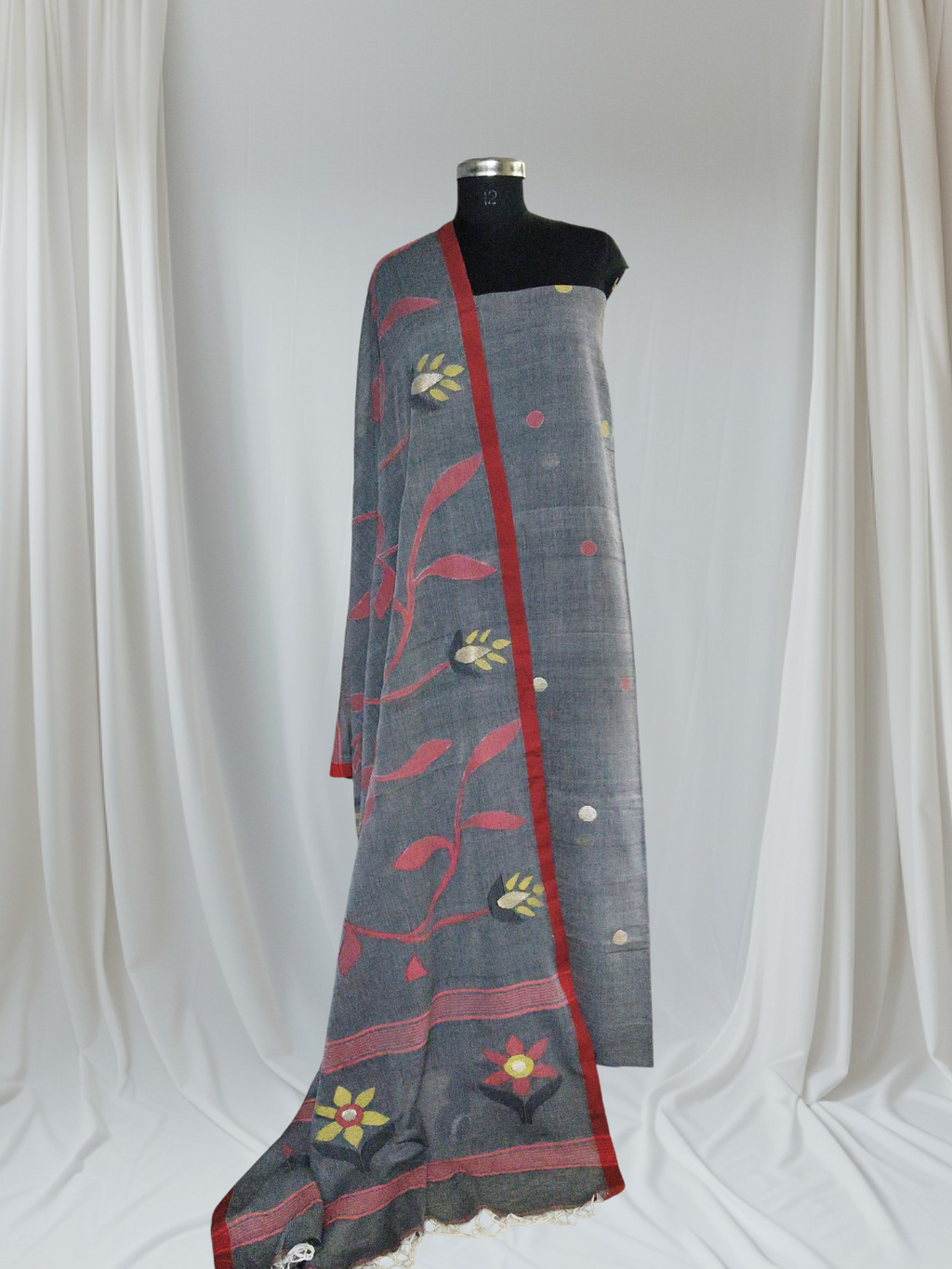 Handwoven Jamdani grey polka dot suit fabric – 2-pc unstitched Indian ethnic wear, styled portrait view