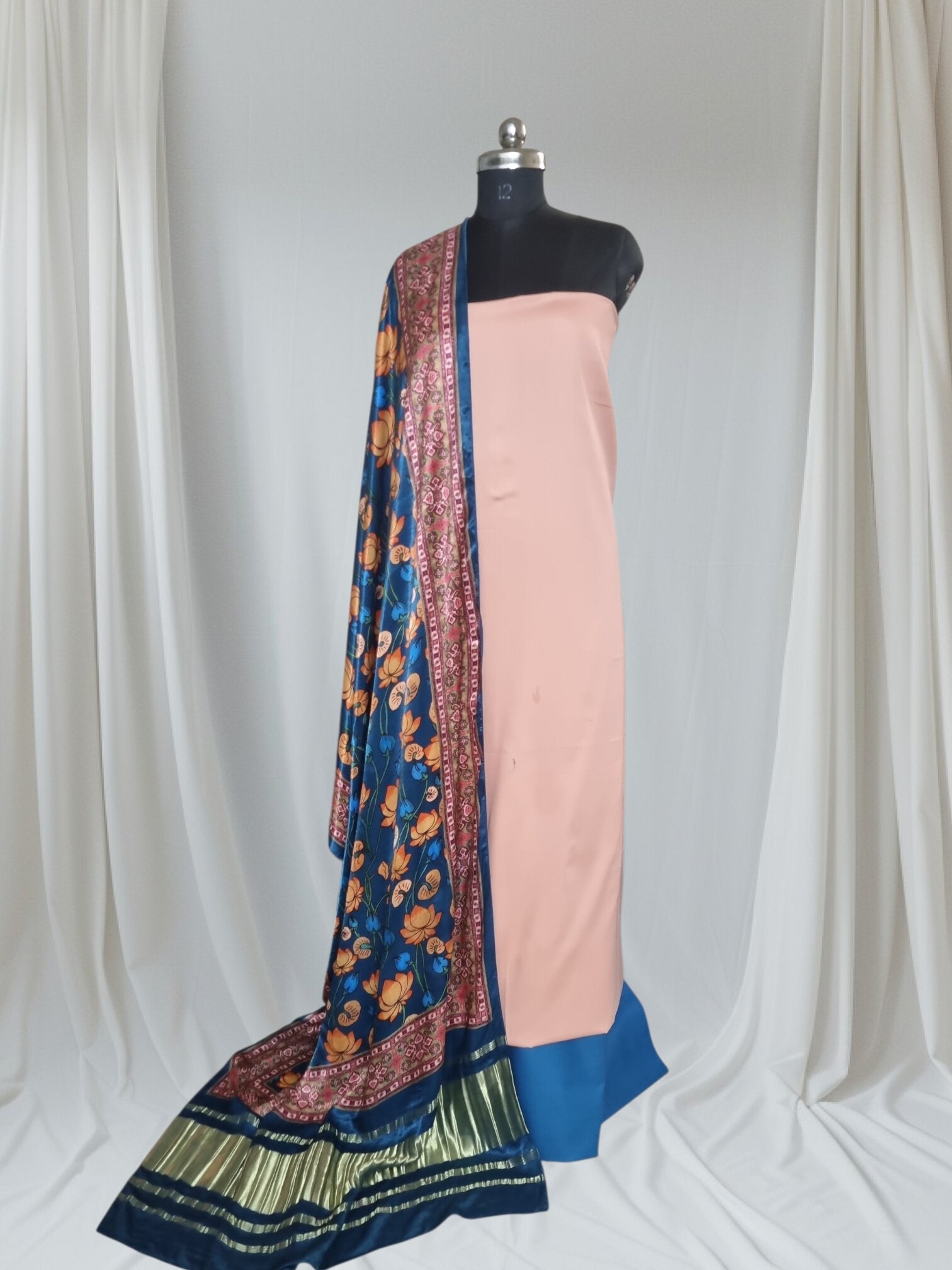 Gajji Silk Kalamkari print dupatta with peach cotton silk unstitched suit – styled look