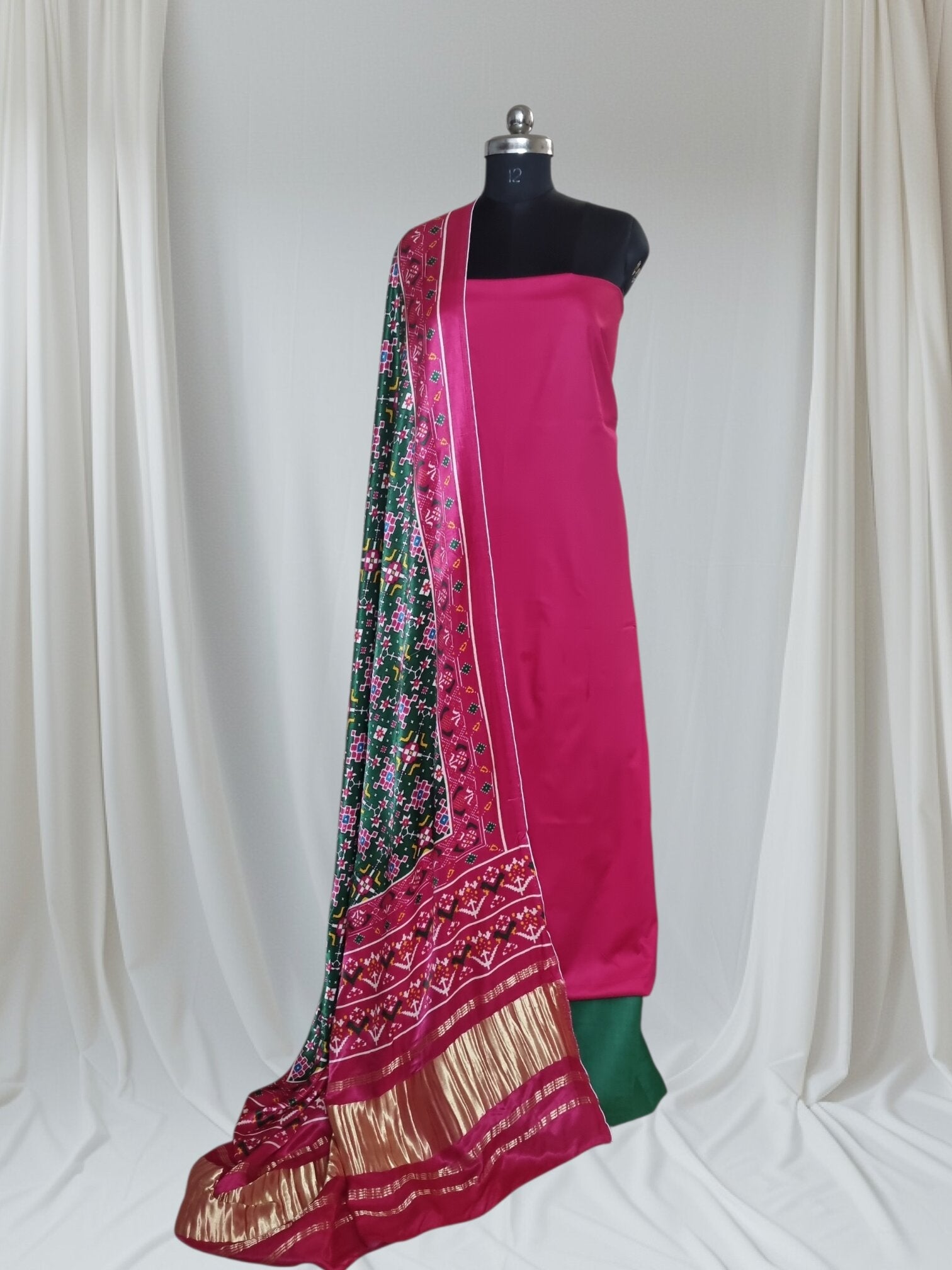 Pink and green cotton silk suit set with Gajji silk dupatta – Indian handloom ethnic wear