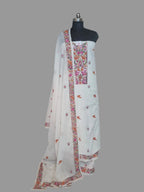 Cream orange bird Parsi Gara hand-embroidered unstitched suit set in cotton – front view