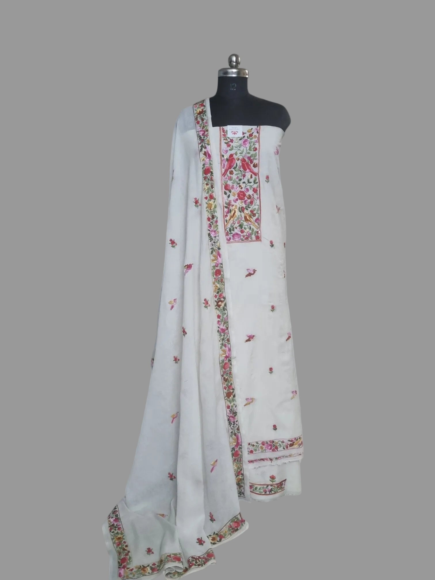 Red bird Parsi Gara hand-embroidered unstitched suit set in cotton – front view