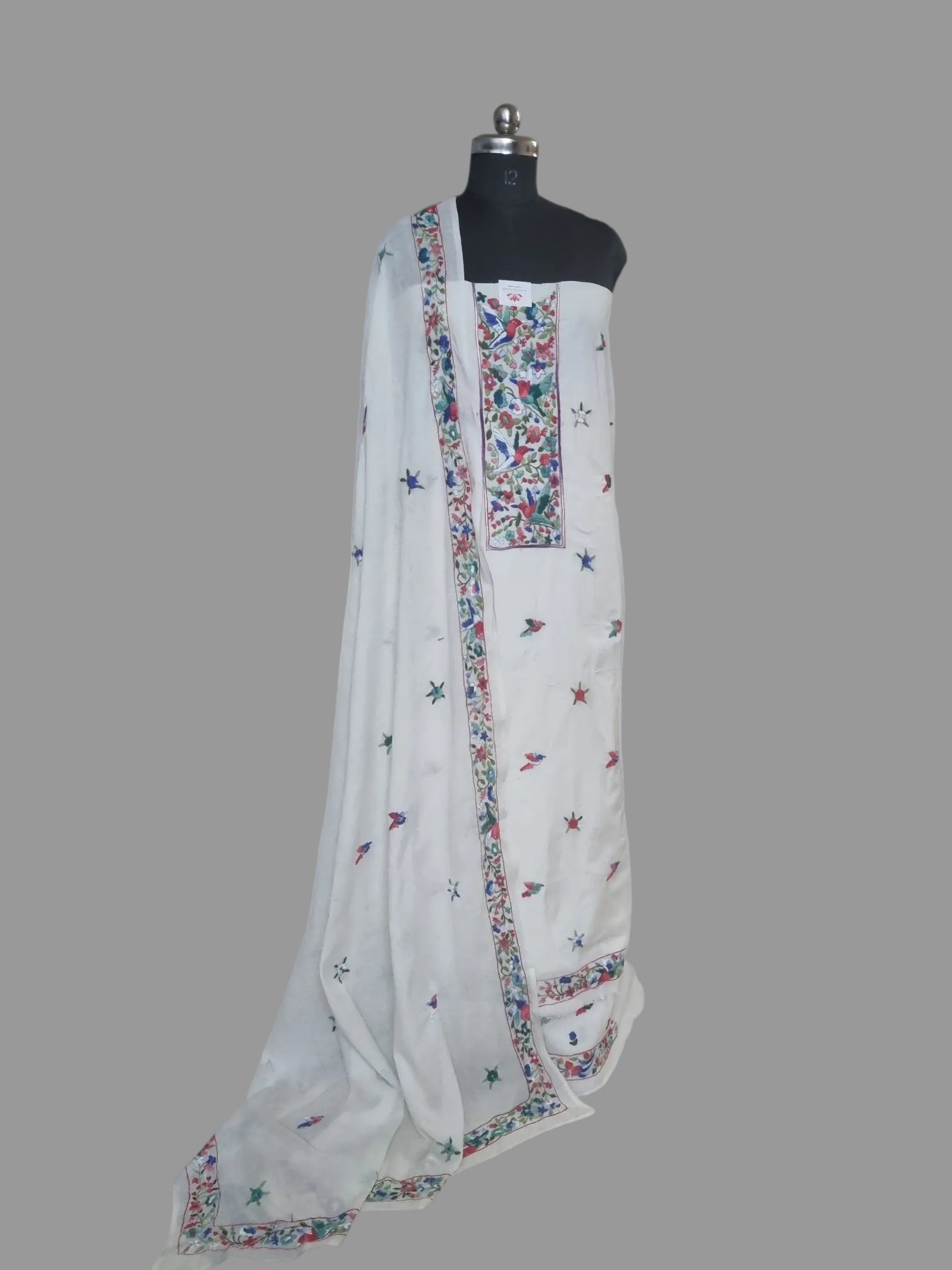 Cream green blue bird floral Parsi Gara hand-embroidered unstitched suit set – front view