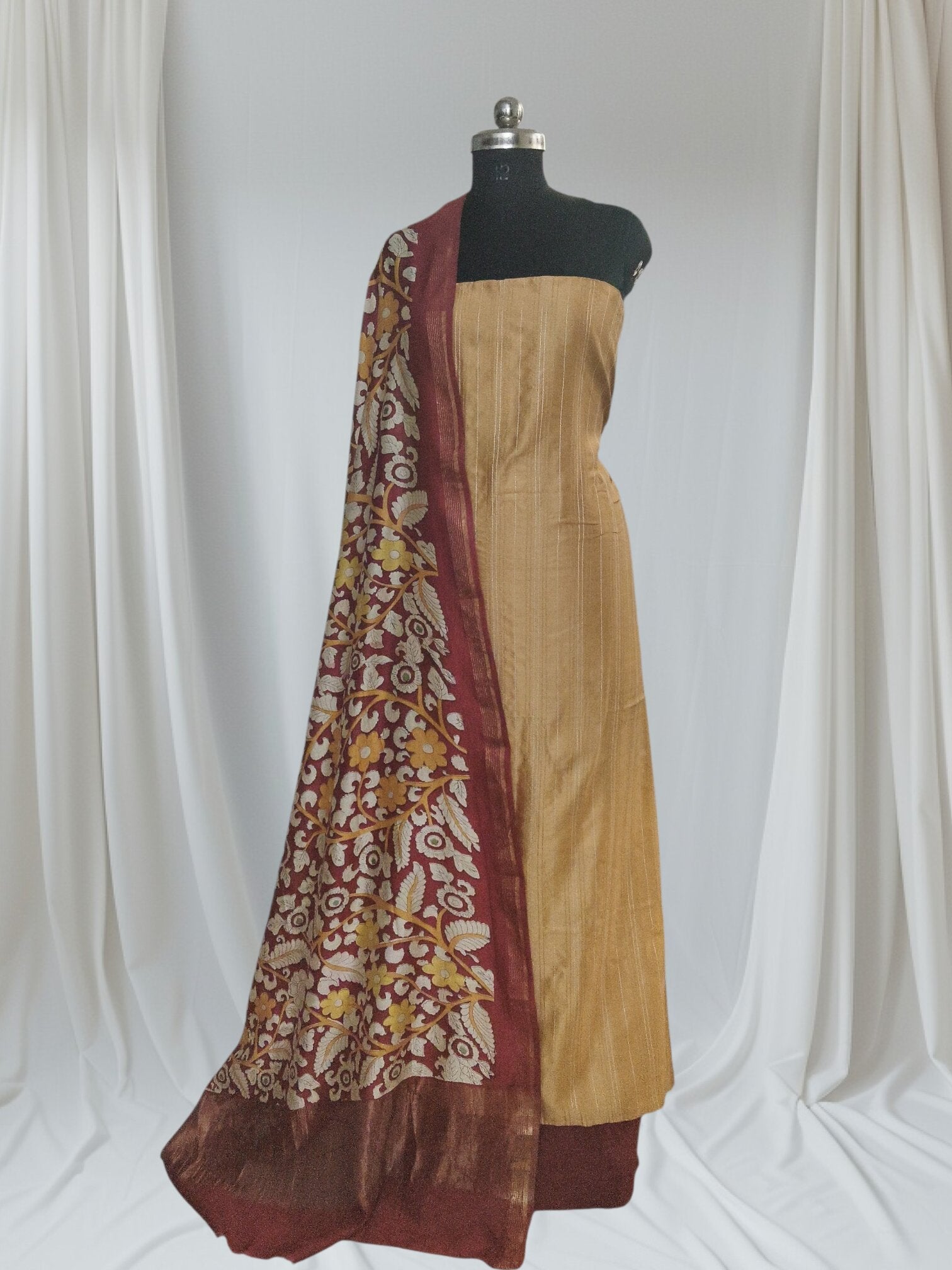 Mustard Red Kalamkari Chanderi Silk 3-piece unstitched suit set – Indian handloom ethnic wear