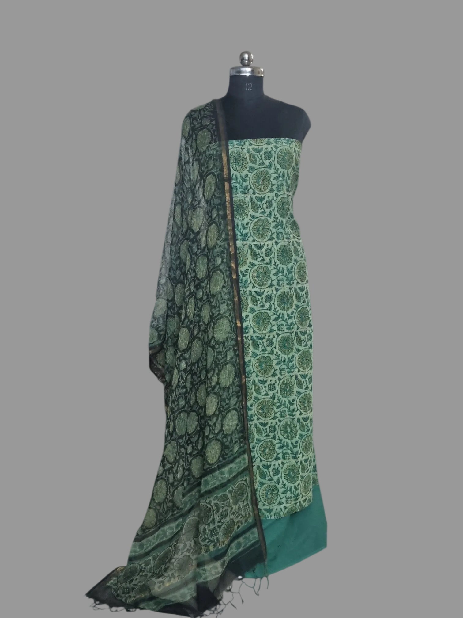 Vanaspati block print cotton 3-piece unstitched suit with Kota Doria dupatta in green – front portrait view