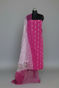 Indian handloom ikat unstitched suit with Kota block print dupatta – pink editorial portrait